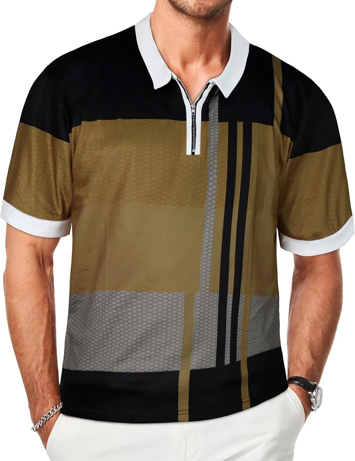 Mens Polo Shirts Short Sleeve Zipper T Shirt Casual Slim Fit Golf Tops