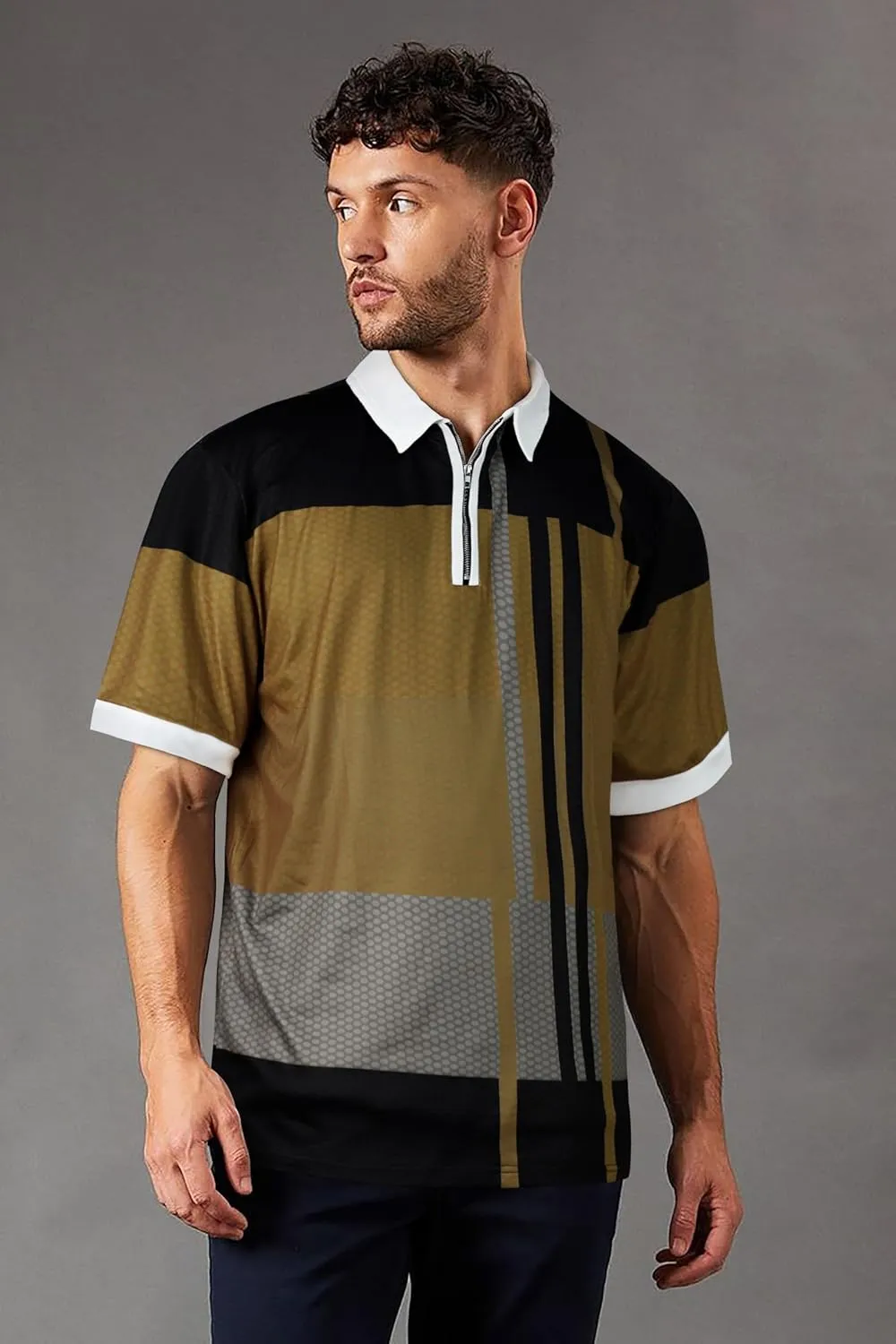 Mens Polo Shirts Short Sleeve Zipper T Shirt Casual Slim Fit Golf Tops