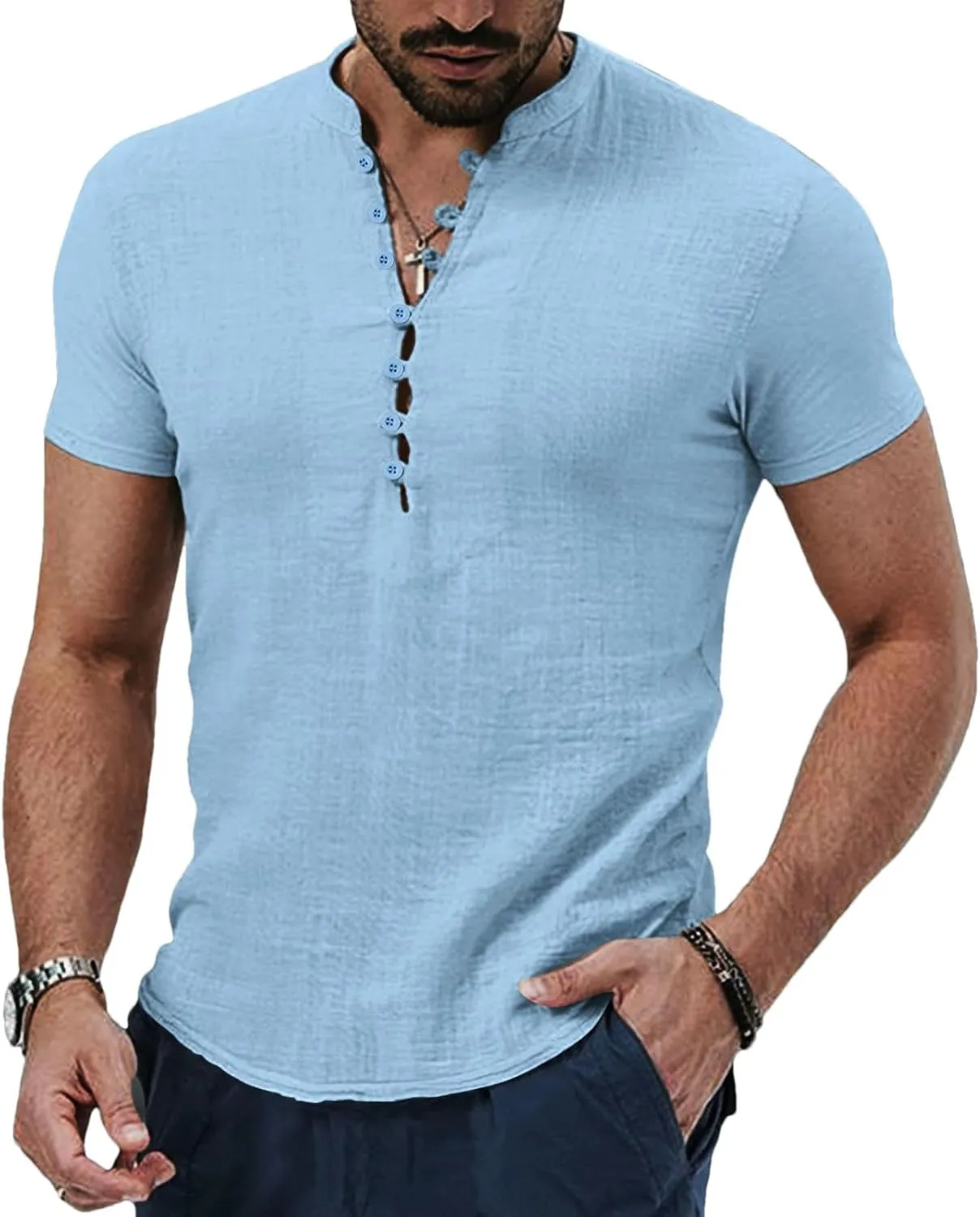 Men's Spring and Summer Retro Cotton and Linen Casual Henley Collar Short Sleeve Shirt