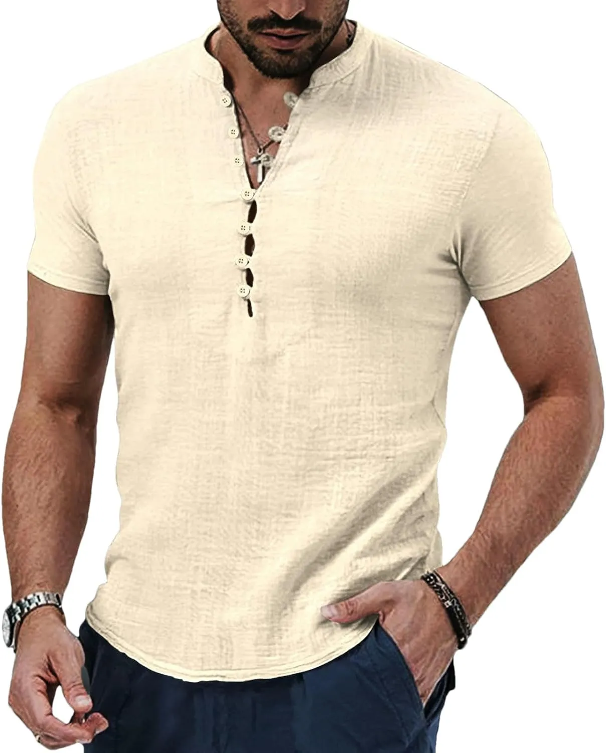 Men's Spring and Summer Retro Cotton and Linen Casual Henley Collar Short Sleeve Shirt