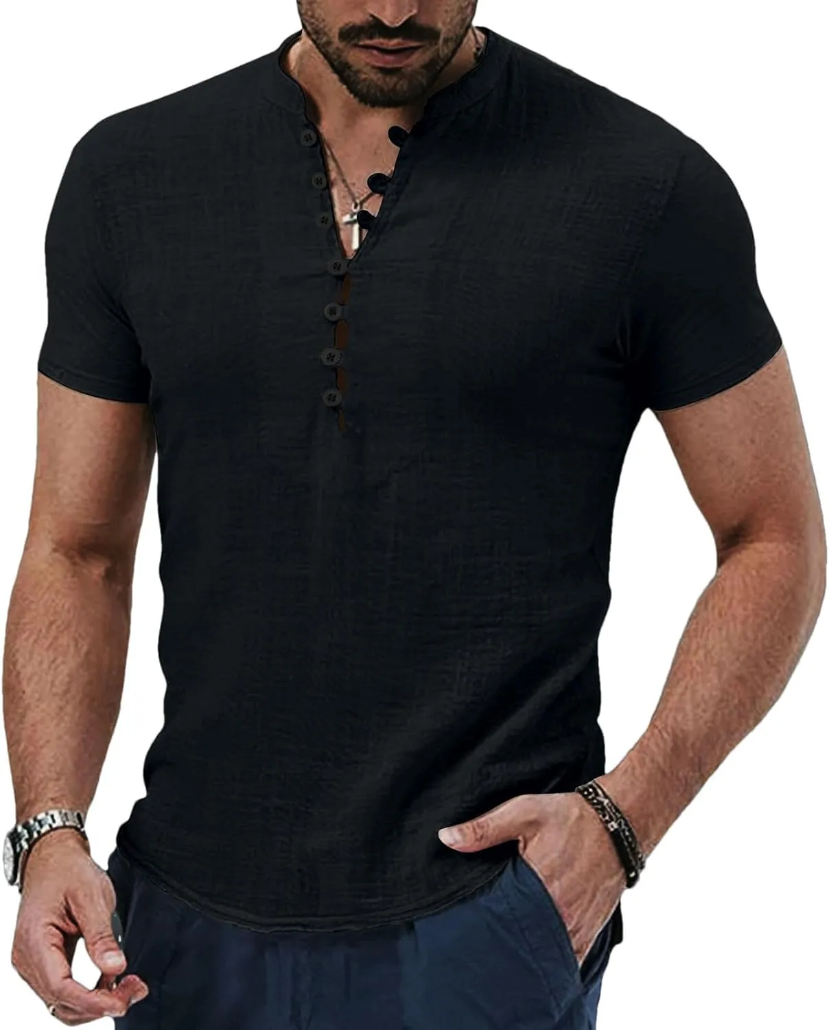 Men's Spring and Summer Retro Cotton and Linen Casual Henley Collar Short Sleeve Shirt
