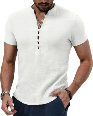 Men's Spring and Summer Retro Cotton and Linen Casual Henley Collar Short Sleeve Shirt