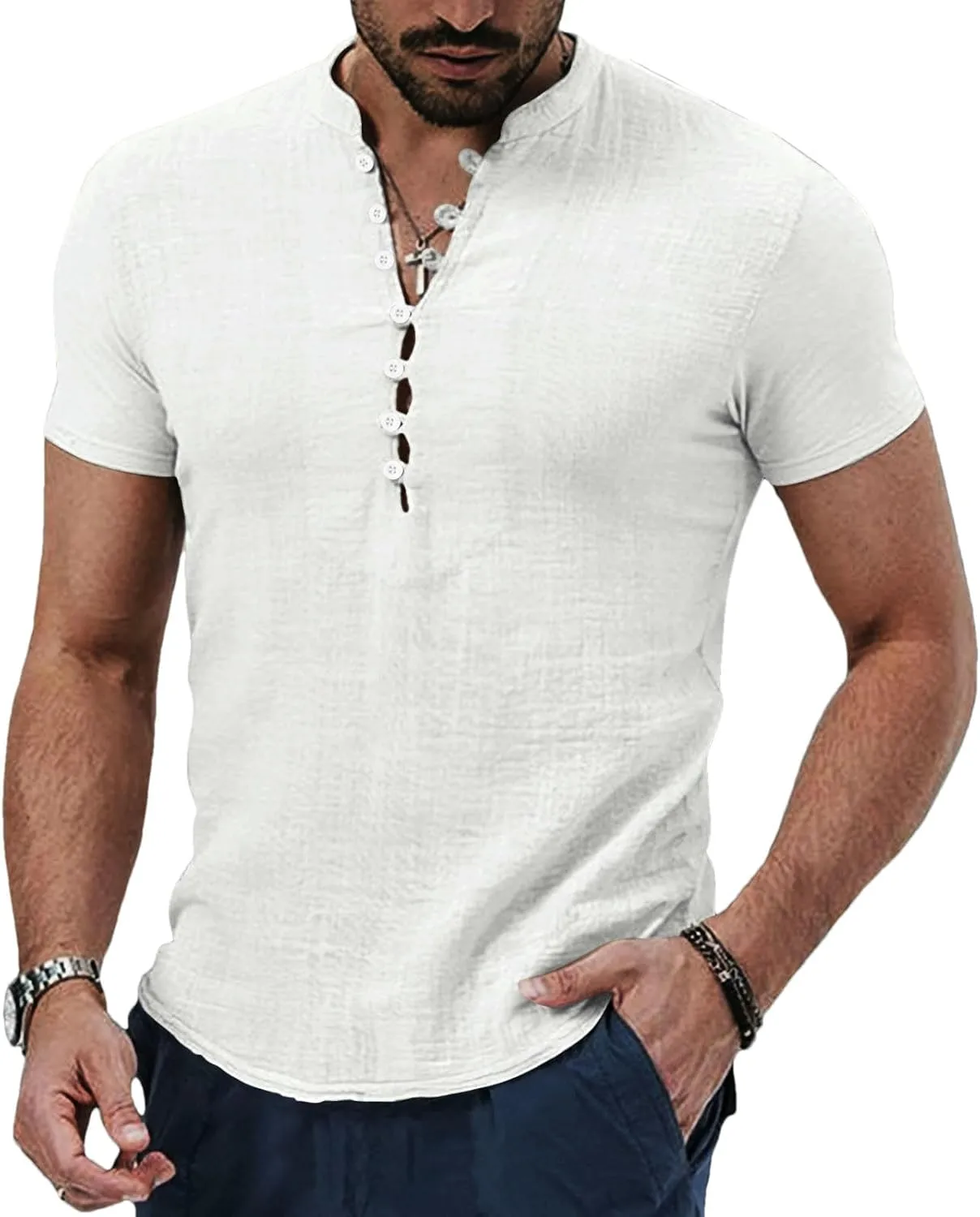 Men's Spring and Summer Retro Cotton and Linen Casual Henley Collar Short Sleeve Shirt