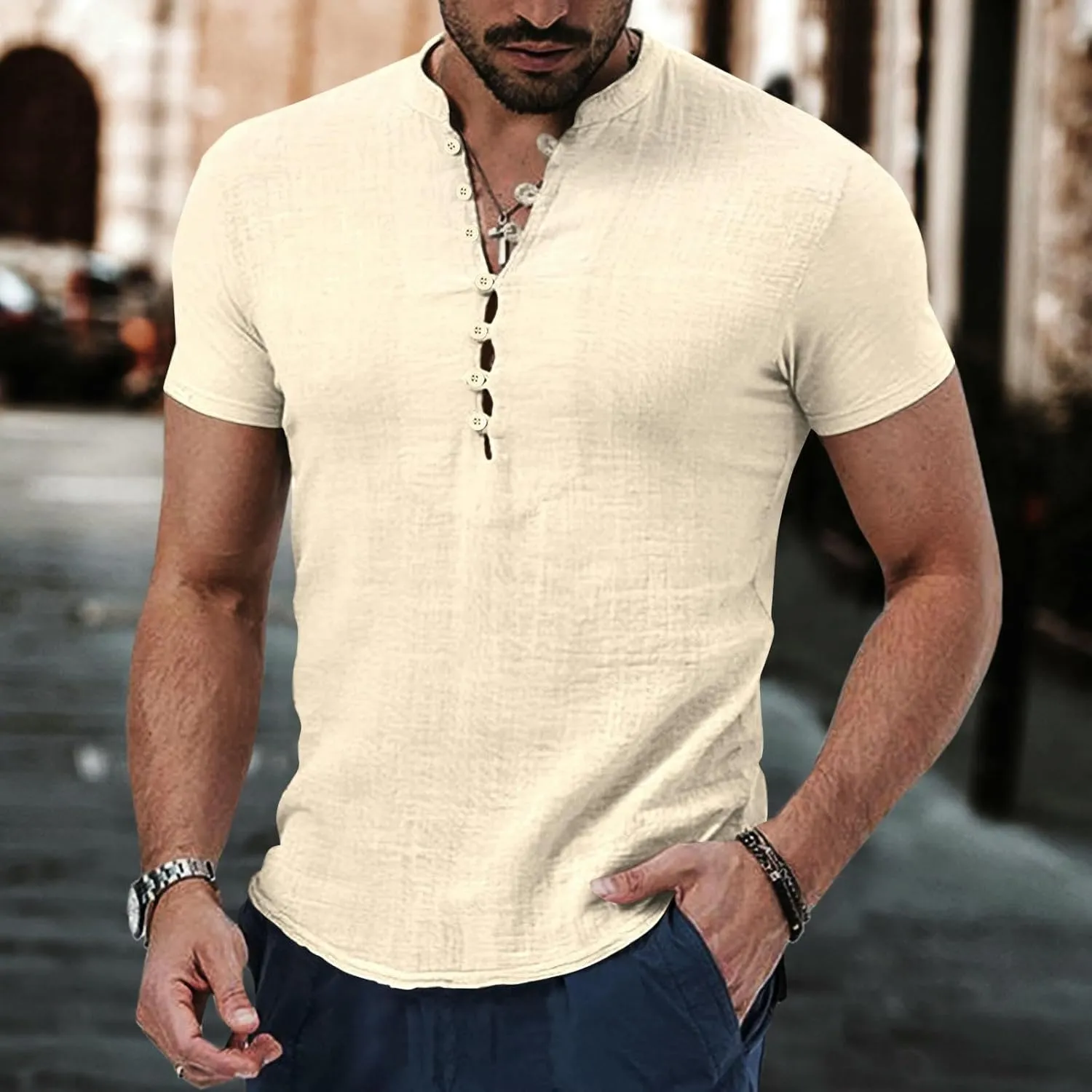 Men's Spring and Summer Retro Cotton and Linen Casual Henley Collar Short Sleeve Shirt