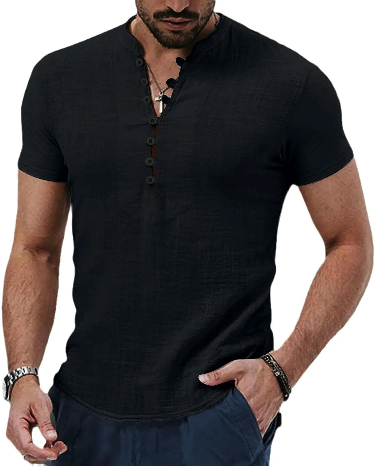 Men's Spring and Summer Retro Cotton and Linen Casual Henley Collar Short Sleeve Shirt