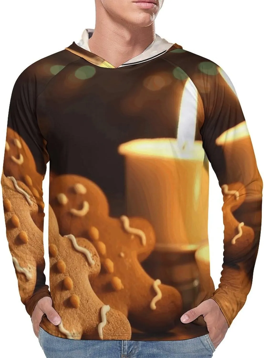 Men's UPF 50  Sun Protection Hoodie Outdoor UV Shirts Candles and Gingerbread Men Long Sleeve Quick Dry Fishing Hiking Shirt