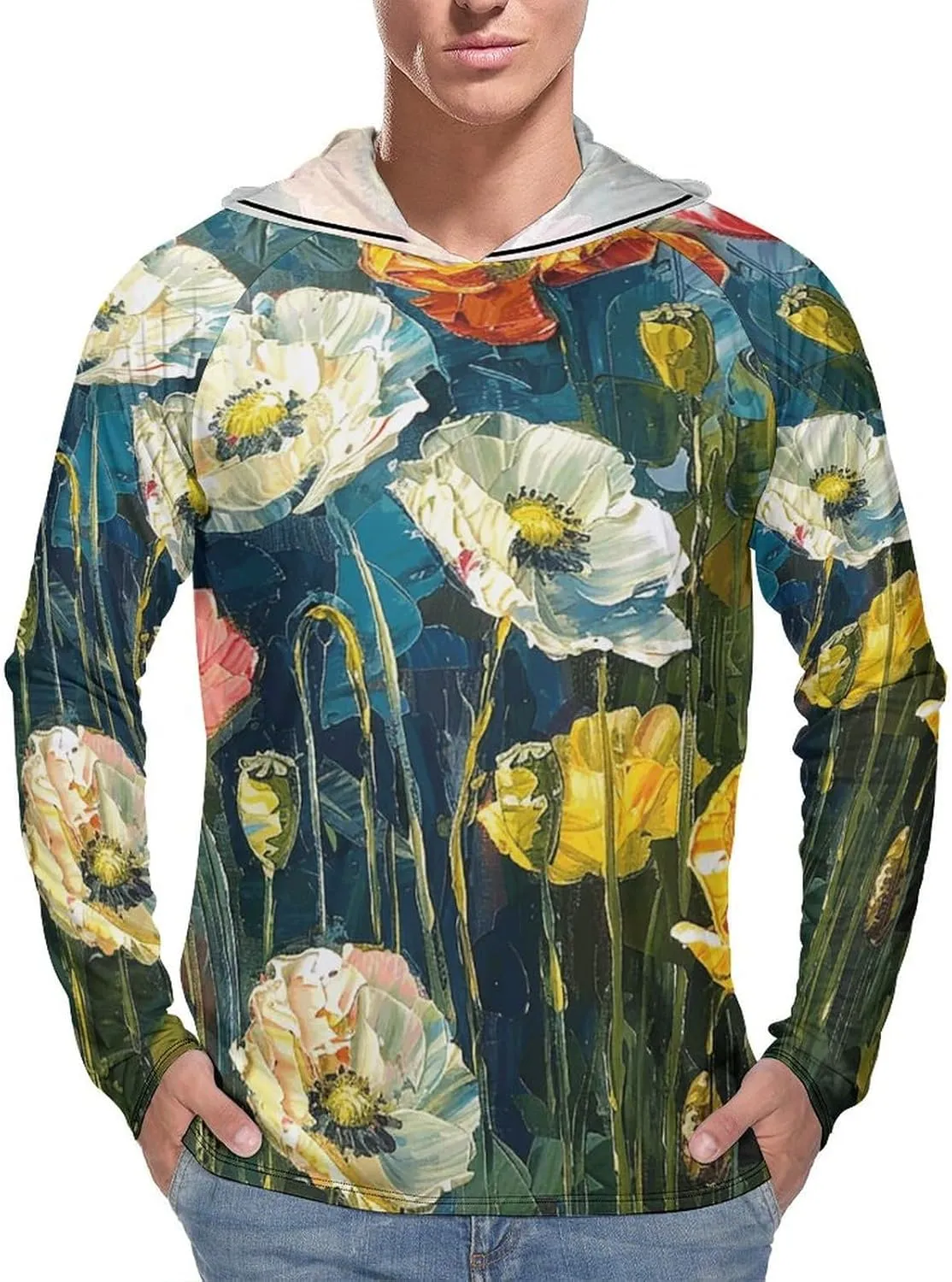 Men's UPF 50  Sun Protection Hoodie Outdoor UV Shirts Dark Green Plants Long Sleeve Quick Dry Fishing Hiking Shirt