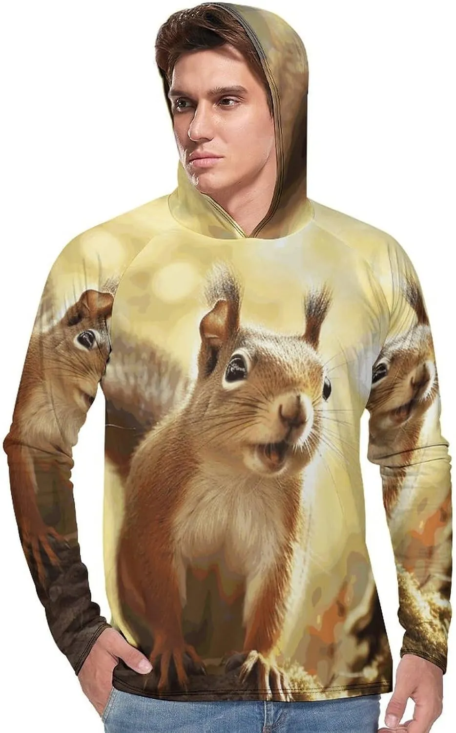 Men's UPF 50  Sun Protection Hoodie Outdoor UV Shirts Funny Squirrel Long Sleeve Quick Dry Fishing Hiking Shirt