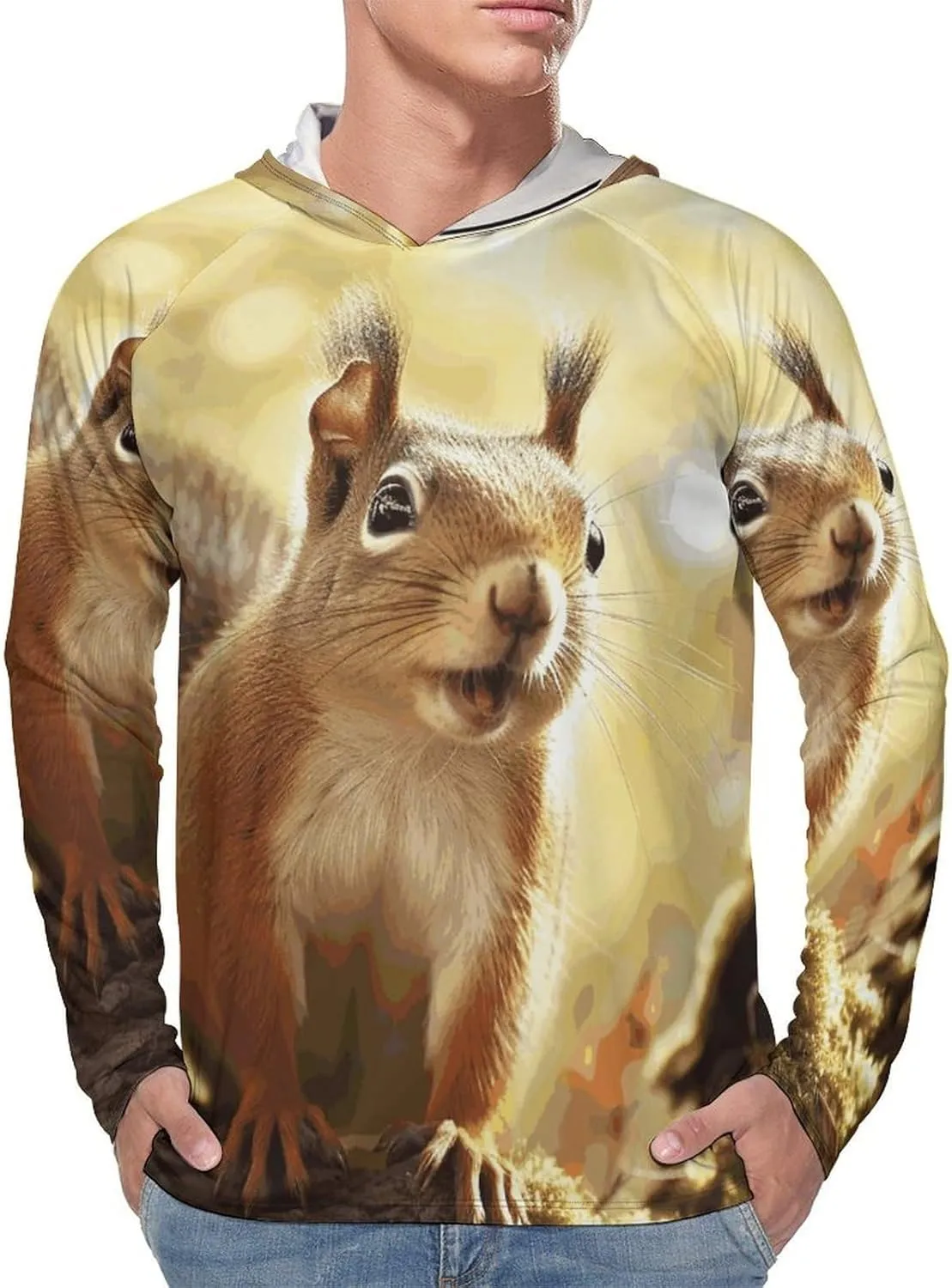 Men's UPF 50  Sun Protection Hoodie Outdoor UV Shirts Funny Squirrel Long Sleeve Quick Dry Fishing Hiking Shirt