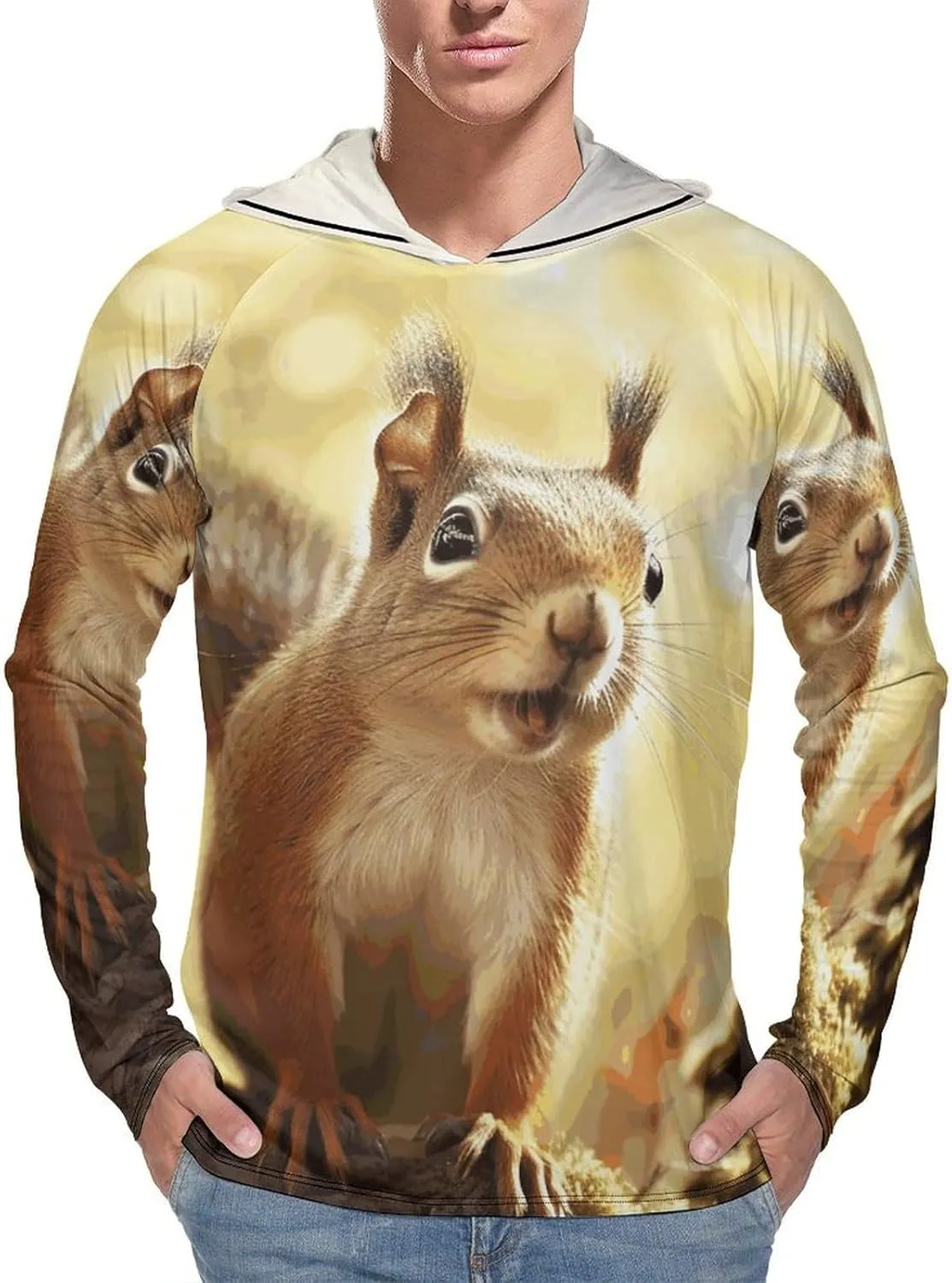 Men's UPF 50  Sun Protection Hoodie Outdoor UV Shirts Funny Squirrel Long Sleeve Quick Dry Fishing Hiking Shirt