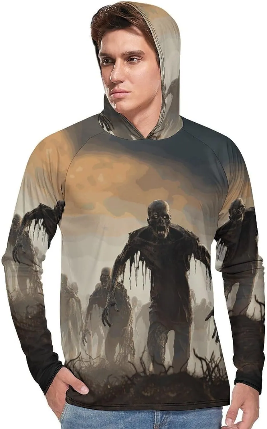 Men's UPF 50  Sun Protection Hoodie Outdoor UV Shirts Many Zombie Long Sleeve Quick Dry Fishing Hiking Shirt