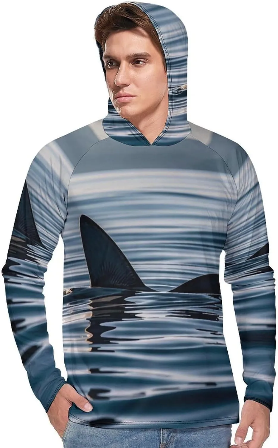Men's UPF 50  Sun Protection Hoodie Outdoor UV Shirts Shark Fin Water Long Sleeve Quick Dry Fishing Hiking Shirt