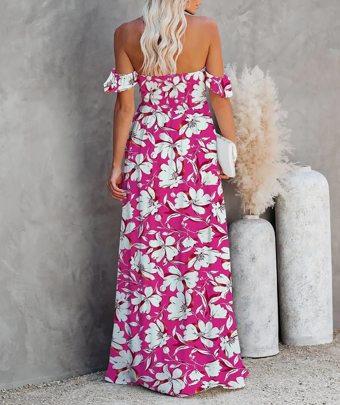 MERMAID'S CLOSET Women's Summer Smocked Off The Shoulder Maxi Dress Boho Casual Ruffle Flowy Long Beach Vacation Sundress