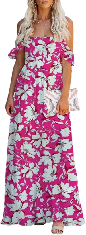 MERMAID'S CLOSET Women's Summer Smocked Off The Shoulder Maxi Dress Boho Casual Ruffle Flowy Long Beach Vacation Sundress