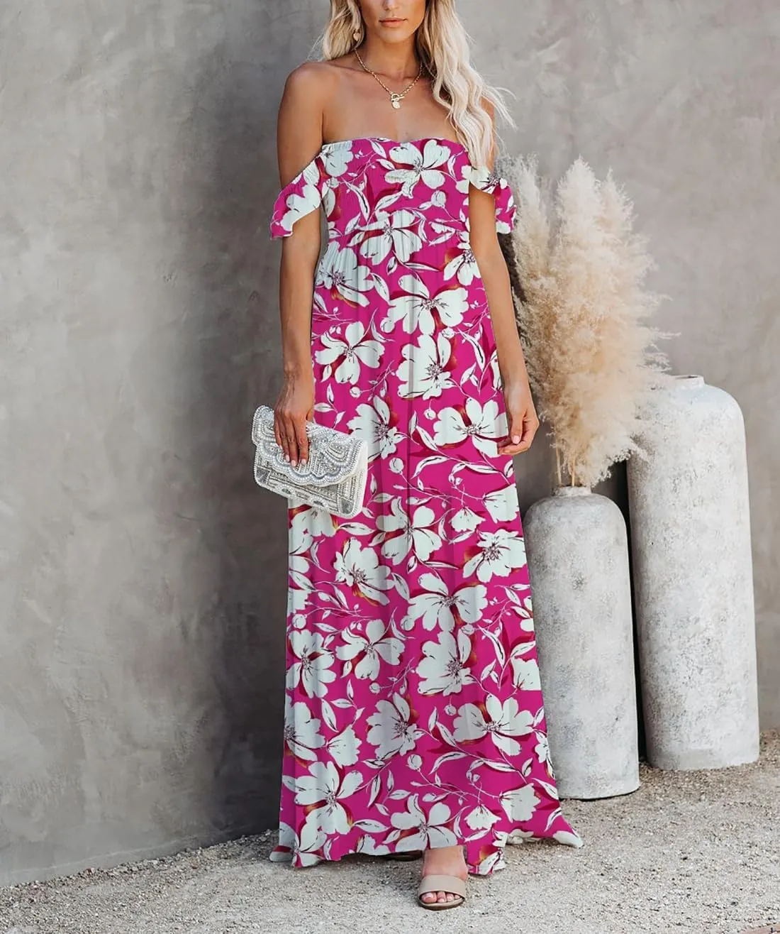 MERMAID'S CLOSET Women's Summer Smocked Off The Shoulder Maxi Dress Boho Casual Ruffle Flowy Long Beach Vacation Sundress