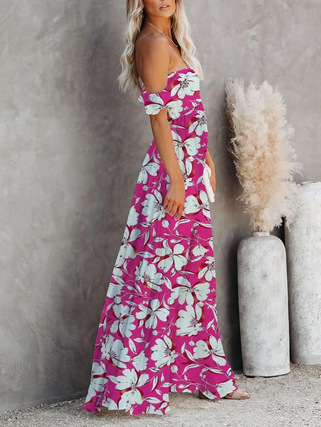 MERMAID'S CLOSET Women's Summer Smocked Off The Shoulder Maxi Dress Boho Casual Ruffle Flowy Long Beach Vacation Sundress