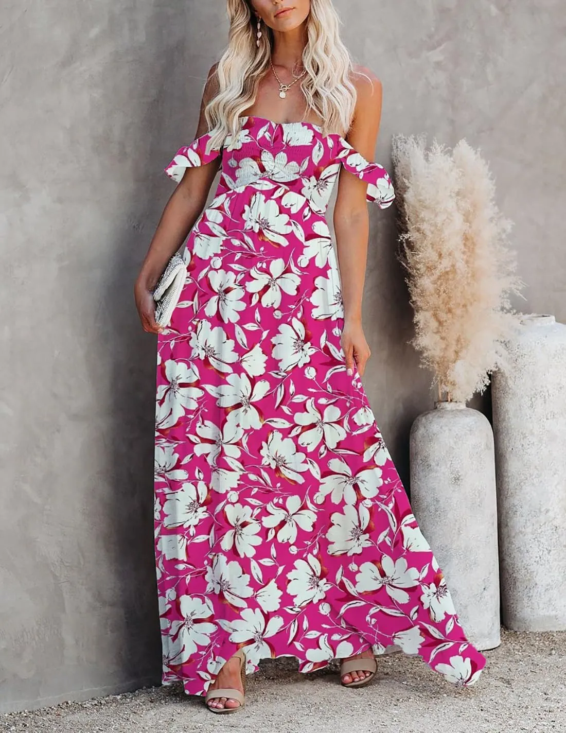 MERMAID'S CLOSET Women's Summer Smocked Off The Shoulder Maxi Dress Boho Casual Ruffle Flowy Long Beach Vacation Sundress