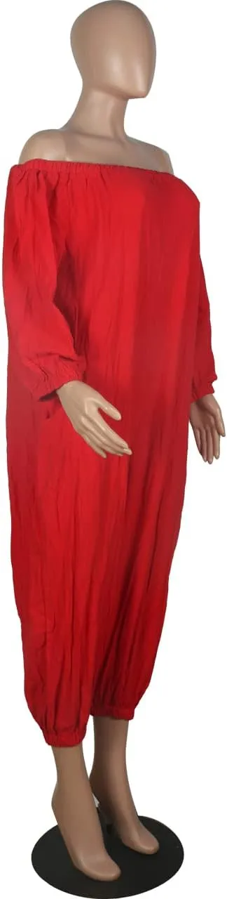 MESLIMA Women's Loose Fit Elastic Off Shoulder Beam Foot Long Sleeve Jumpsuit Rompers with Pockets Plus Size