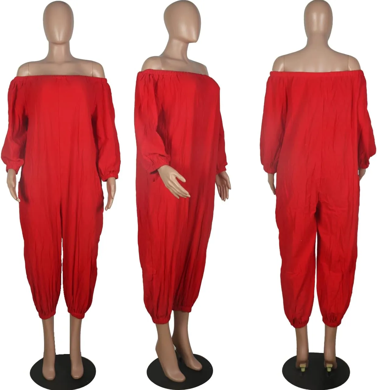MESLIMA Women's Loose Fit Elastic Off Shoulder Beam Foot Long Sleeve Jumpsuit Rompers with Pockets Plus Size