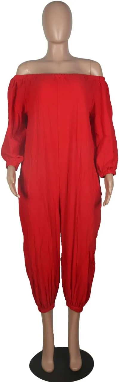 MESLIMA Women's Loose Fit Elastic Off Shoulder Beam Foot Long Sleeve Jumpsuit Rompers with Pockets Plus Size