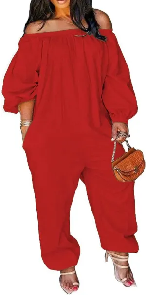 MESLIMA Women's Loose Fit Elastic Off Shoulder Beam Foot Long Sleeve Jumpsuit Rompers with Pockets Plus Size