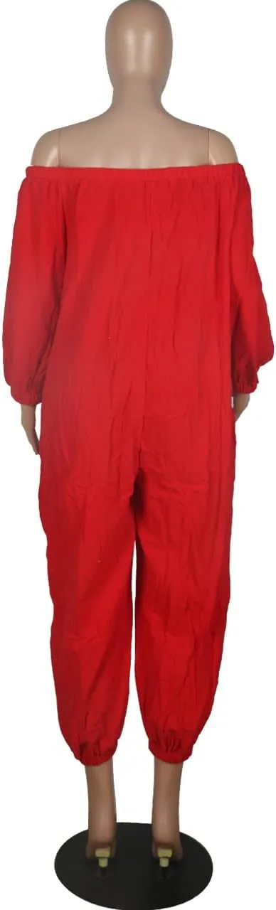 MESLIMA Women's Loose Fit Elastic Off Shoulder Beam Foot Long Sleeve Jumpsuit Rompers with Pockets Plus Size