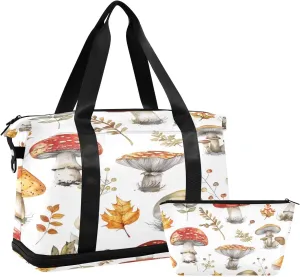 Mushroom Cute Sports Gym Bag with Waterproof Dry Wet Pocket, Travel Duffel Bag for Women MenWorkout Bag Fits Yoga, Swimming