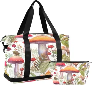 Mushrooms White Sports Gym Bag with Waterproof Dry Wet Pocket, Travel Duffel Bag for Women MenWorkout Bag Fits Yoga, Swimming