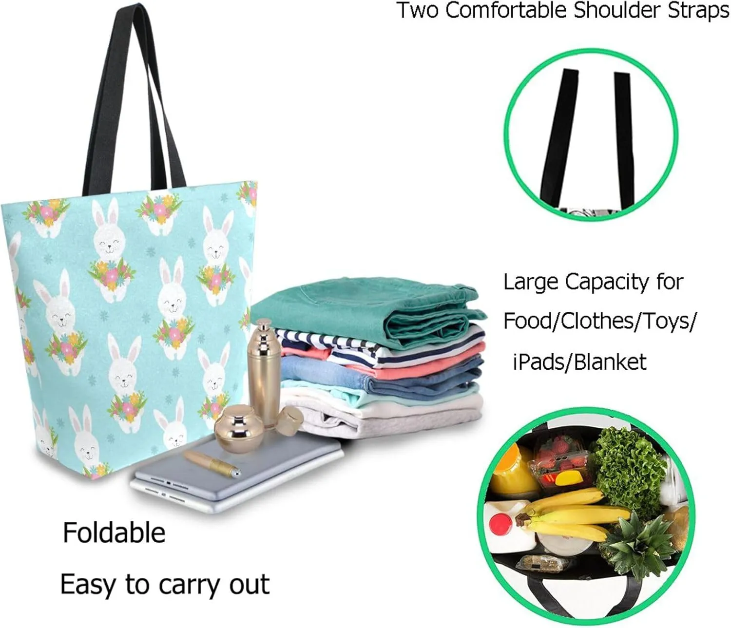 Naanle Womens Extra Large Lovely Rabbit with Flowers Canvas Reusable Market Beach Travel Gym Shopping Shoulder Tote Bag
