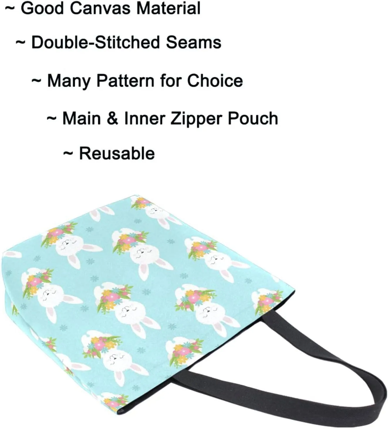 Naanle Womens Extra Large Lovely Rabbit with Flowers Canvas Reusable Market Beach Travel Gym Shopping Shoulder Tote Bag