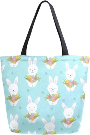 Naanle Womens Extra Large Lovely Rabbit with Flowers Canvas Reusable Market Beach Travel Gym Shopping Shoulder Tote Bag
