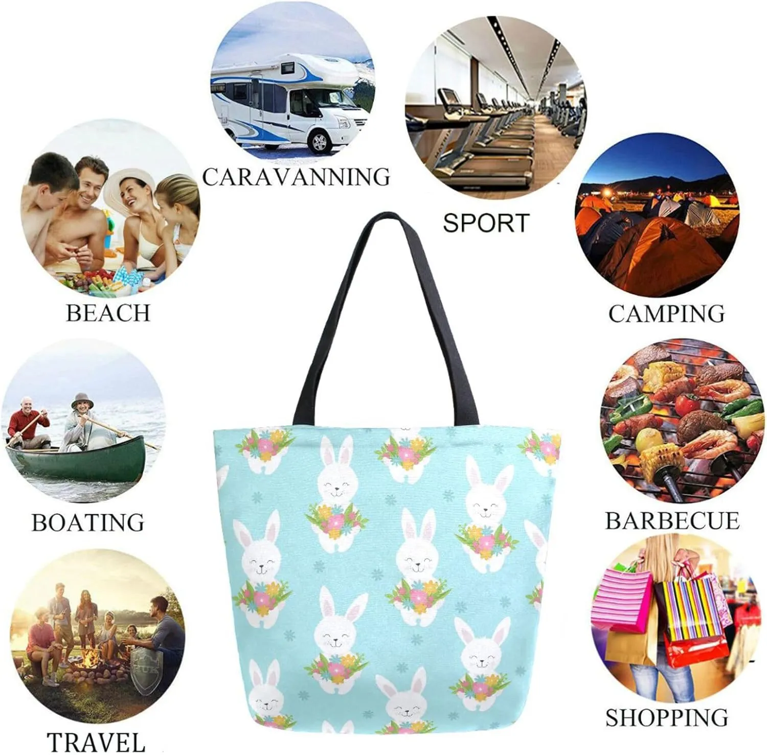 Naanle Womens Extra Large Lovely Rabbit with Flowers Canvas Reusable Market Beach Travel Gym Shopping Shoulder Tote Bag