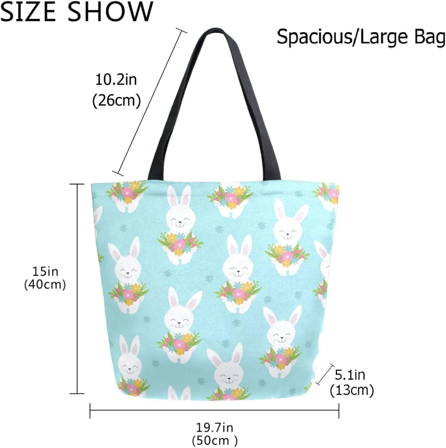 Naanle Womens Extra Large Lovely Rabbit with Flowers Canvas Reusable Market Beach Travel Gym Shopping Shoulder Tote Bag