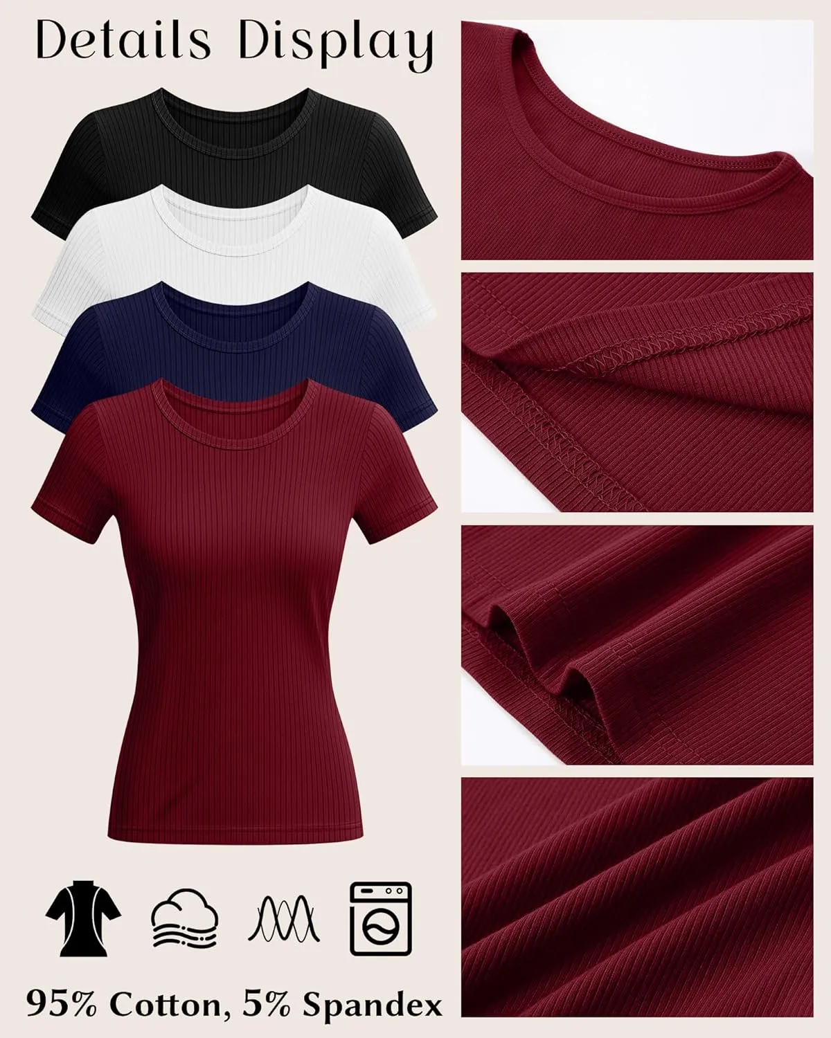 Neer 4 Pack Women's Short Sleeve T-Shirts, Crew Neck Ribbed Knit Slim Fitted Shirts Cotton Summer Solid Basic Tees Tight Tops