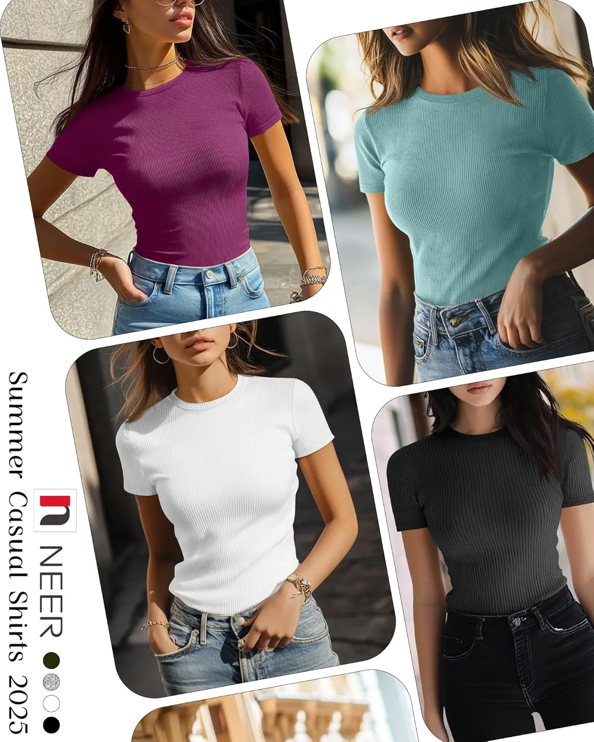 Neer 4 Pack Women's Short Sleeve T-Shirts, Crew Neck Ribbed Knit Slim Fitted Shirts Cotton Summer Solid Basic Tees Tight Tops