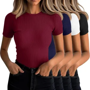 Neer 4 Pack Women's Short Sleeve T-Shirts, Crew Neck Ribbed Knit Slim Fitted Shirts Cotton Summer Solid Basic Tees Tight Tops