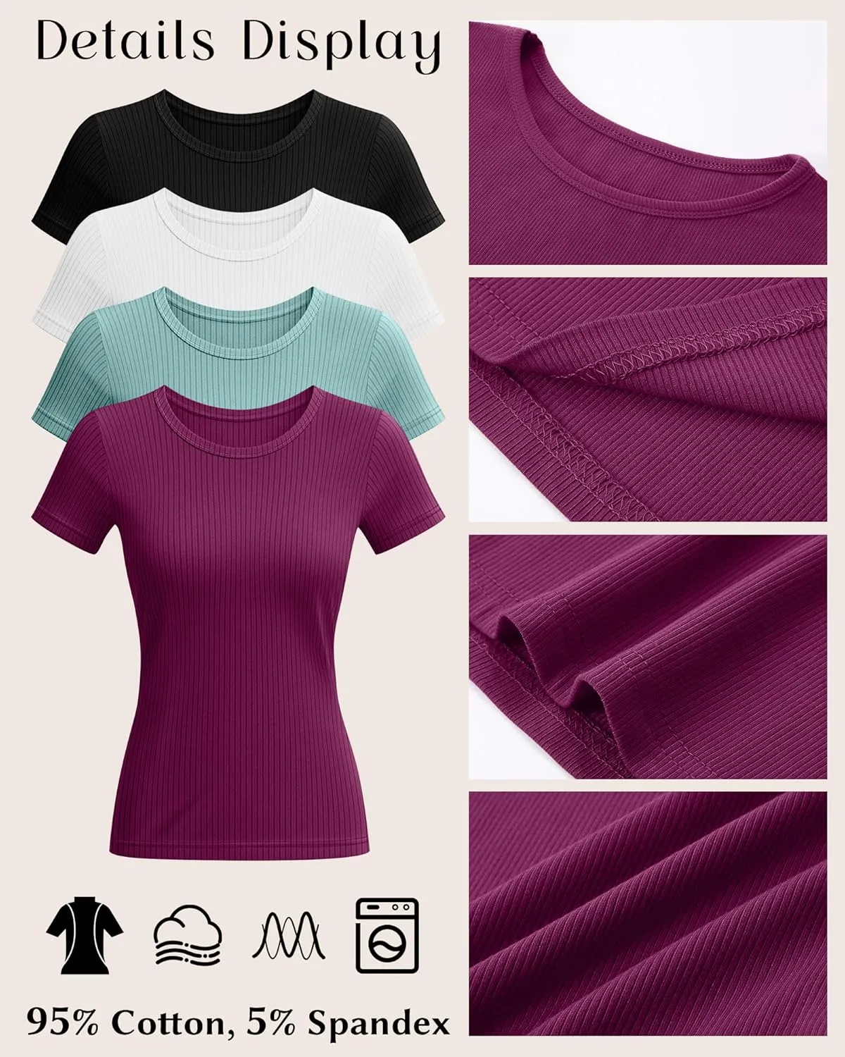 Neer 4 Pack Women's Short Sleeve T-Shirts, Crew Neck Ribbed Knit Slim Fitted Shirts Cotton Summer Solid Basic Tees Tight Tops