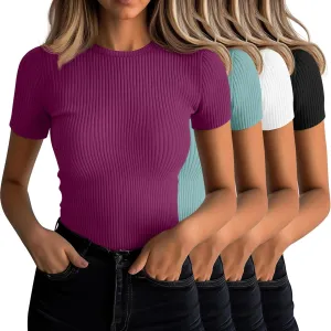 Neer 4 Pack Women's Short Sleeve T-Shirts, Crew Neck Ribbed Knit Slim Fitted Shirts Cotton Summer Solid Basic Tees Tight Tops