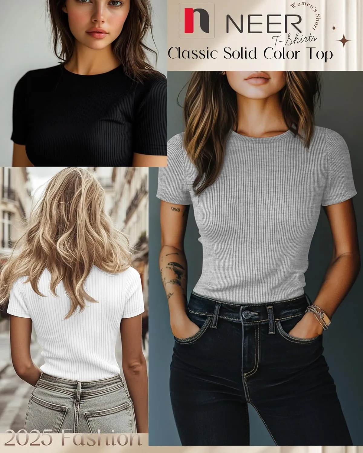 Neer 4 Pack Women's Short Sleeve T-Shirts, Crew Neck Ribbed Knit Slim Fitted Shirts Cotton Summer Solid Basic Tees Tight Tops