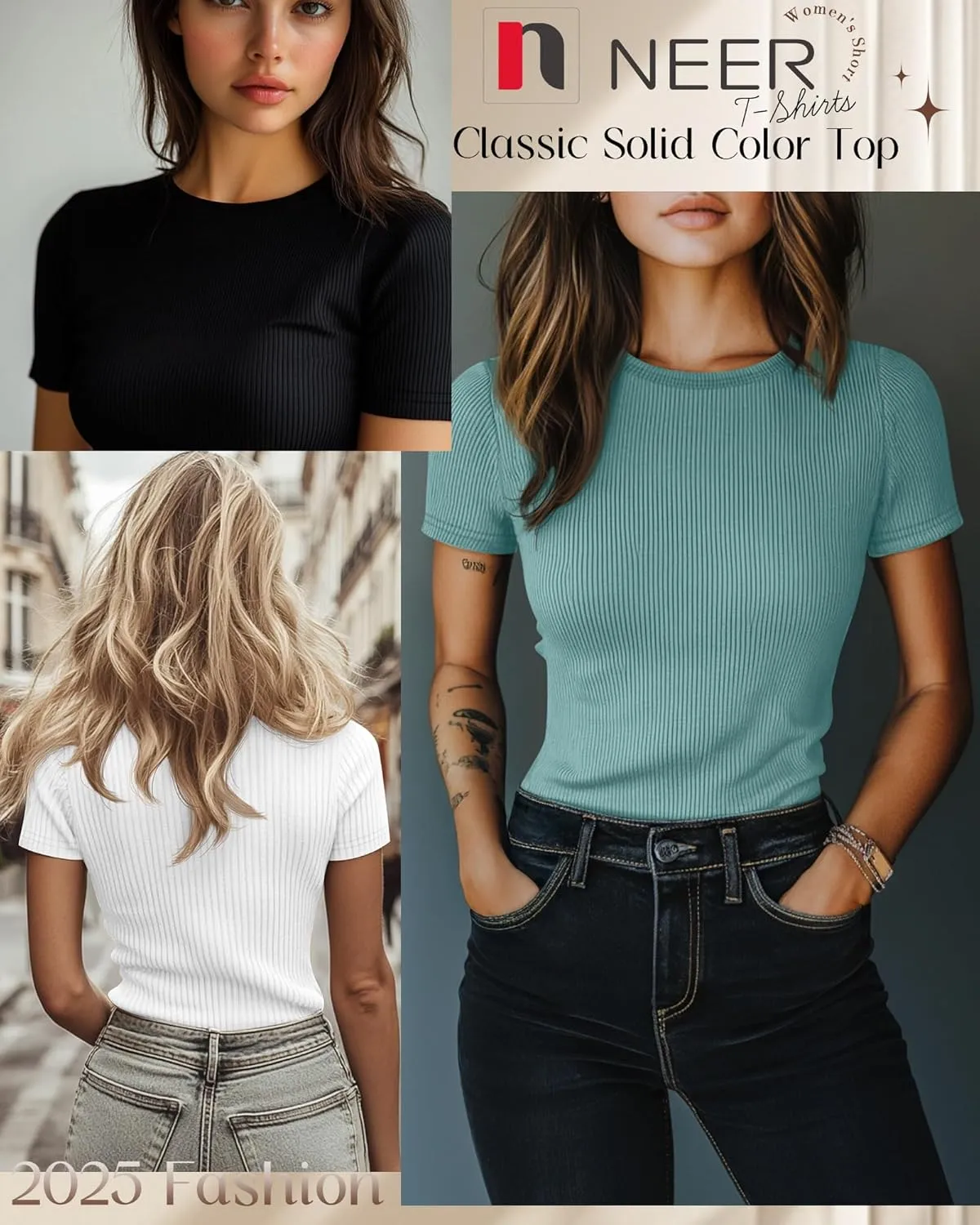 Neer 4 Pack Women's Short Sleeve T-Shirts, Crew Neck Ribbed Knit Slim Fitted Shirts Cotton Summer Solid Basic Tees Tight Tops