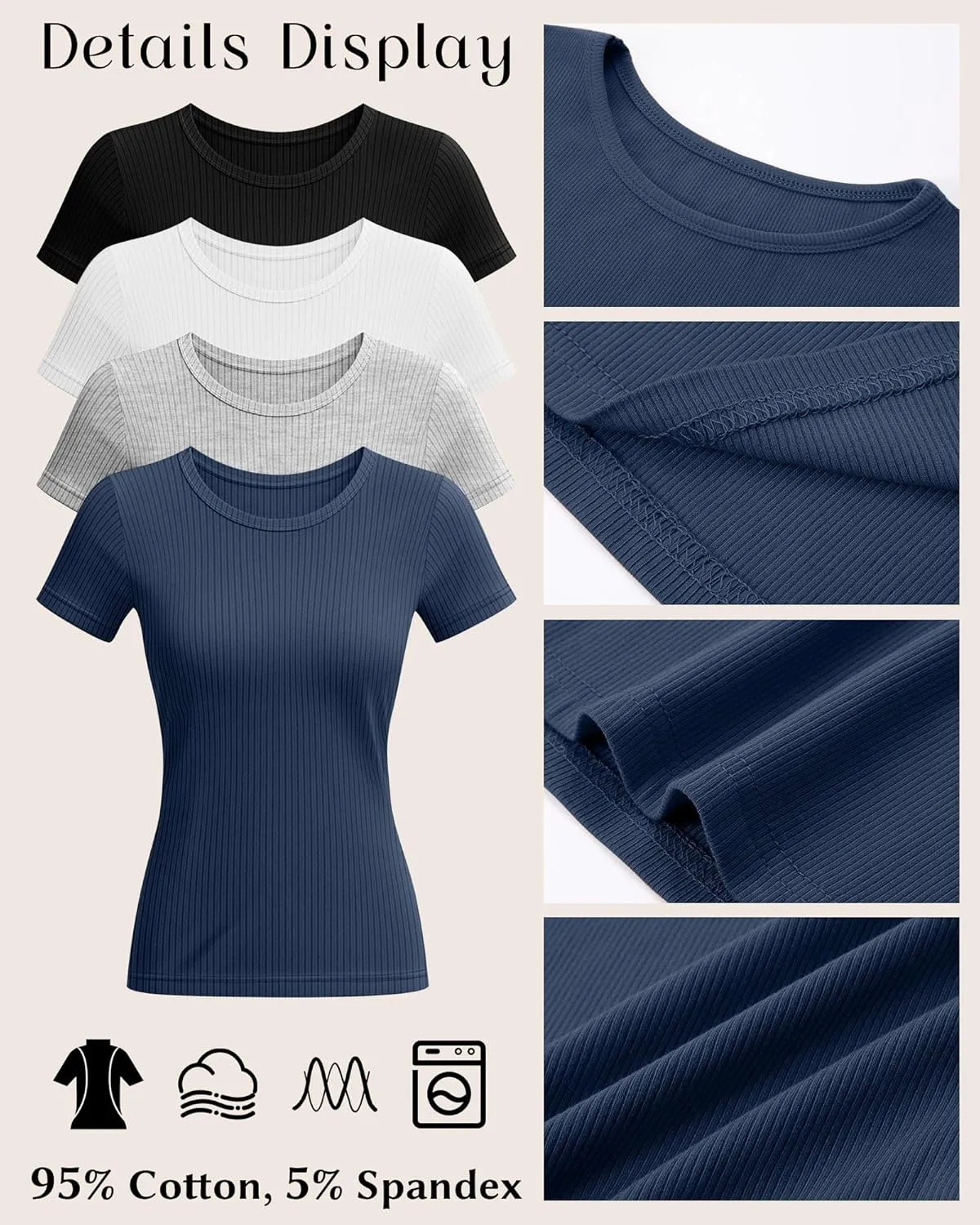 Neer 4 Pack Women's Short Sleeve T-Shirts, Crew Neck Ribbed Knit Slim Fitted Shirts Cotton Summer Solid Basic Tees Tight Tops