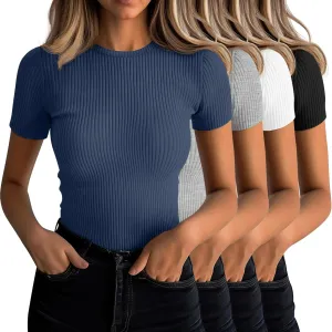 Neer 4 Pack Women's Short Sleeve T-Shirts, Crew Neck Ribbed Knit Slim Fitted Shirts Cotton Summer Solid Basic Tees Tight Tops