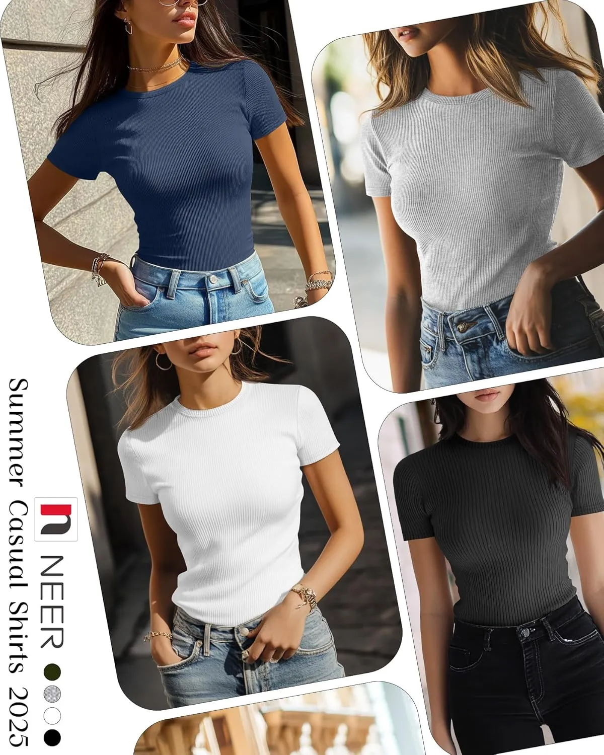 Neer 4 Pack Women's Short Sleeve T-Shirts, Crew Neck Ribbed Knit Slim Fitted Shirts Cotton Summer Solid Basic Tees Tight Tops