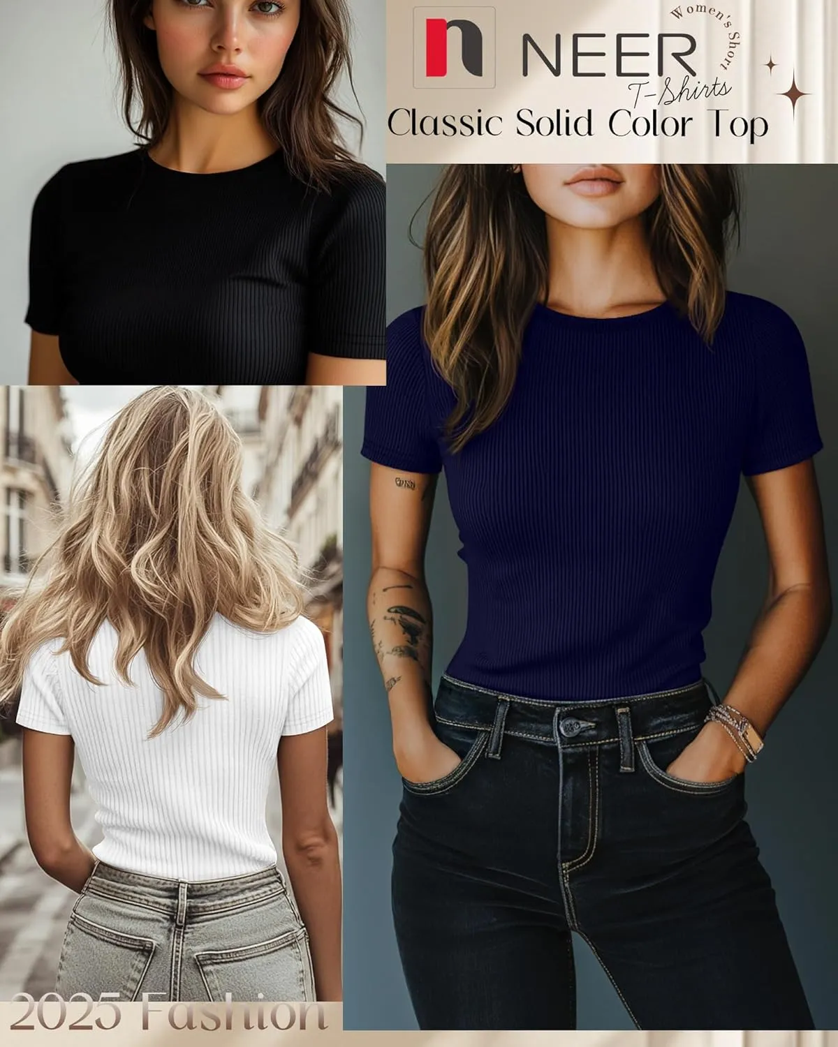 Neer 4 Pack Women's Short Sleeve T-Shirts, Crew Neck Ribbed Knit Slim Fitted Shirts Cotton Summer Solid Basic Tees Tight Tops