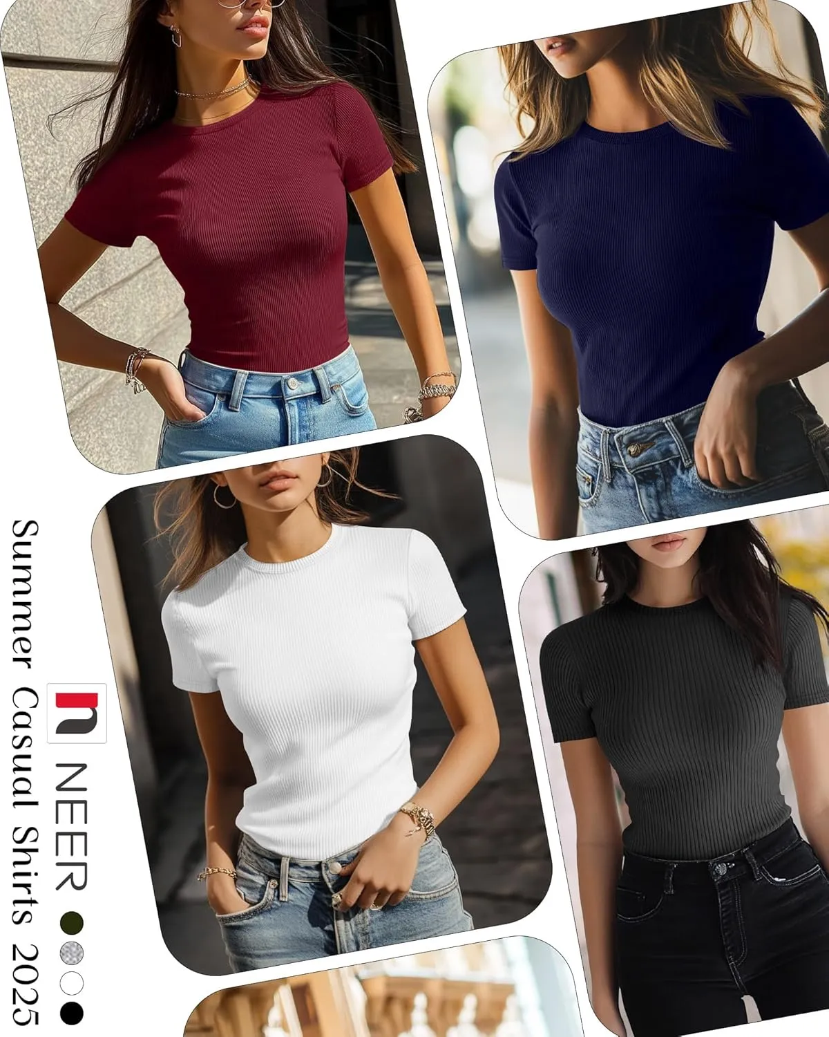 Neer 4 Pack Women's Short Sleeve T-Shirts, Crew Neck Ribbed Knit Slim Fitted Shirts Cotton Summer Solid Basic Tees Tight Tops