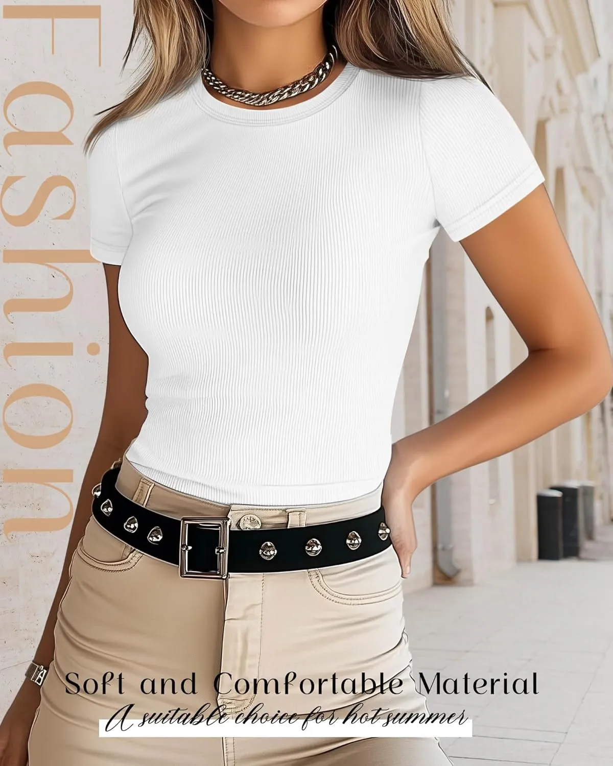 Neer 4 Pack Women's Short Sleeve T-Shirts, Crew Neck Ribbed Knit Slim Fitted Shirts Cotton Summer Solid Basic Tees Tight Tops