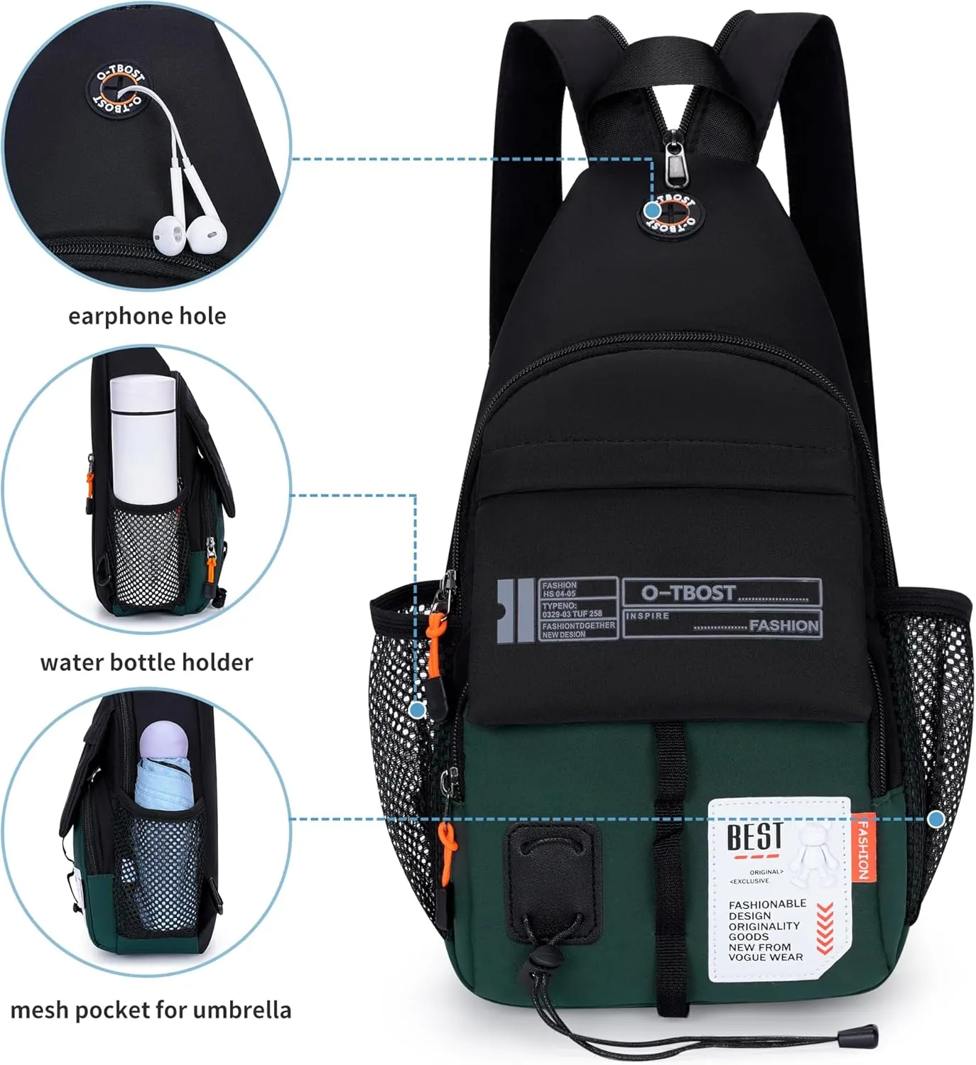 O-TBOST Lightweight Crossbody Backpack Sling Bag Small Shoulder Bags for Women Men Casual Chest Daypack Hiking Travel (Green)