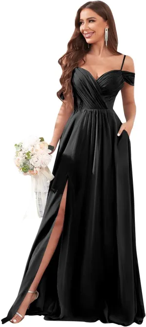 Off The Shoulder Bridesmaid Dresses for Wedding with Slit A-Line Chiffon Formal Party Gown with Pockets