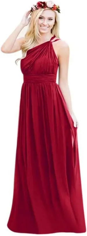 One Shoulder Bridesmaid Junior Dresses Chiffon Pleated Evening Gowns for WomenBurgundy US6