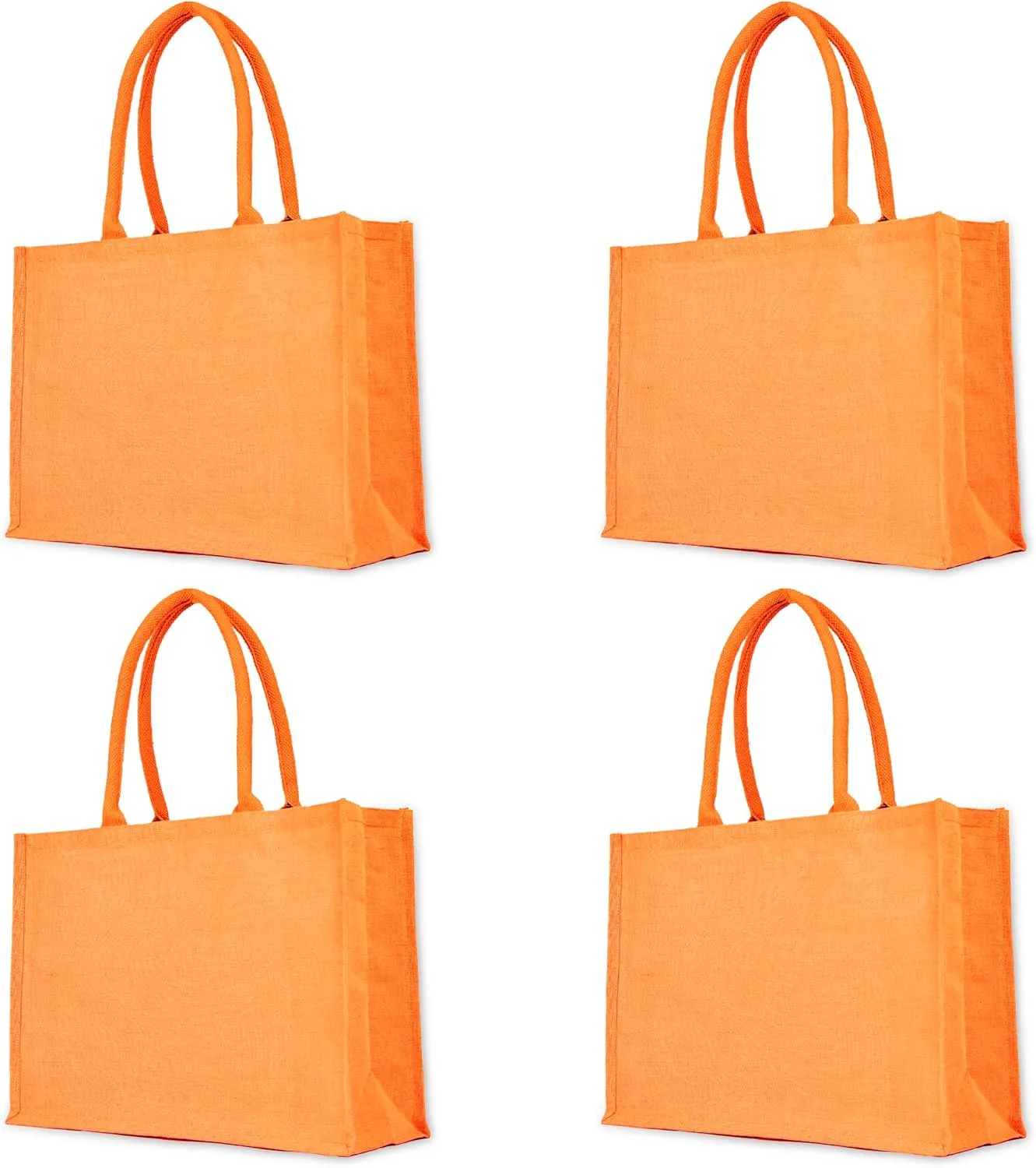 Orange Juco Tote Bag Set of 4  Strong Burlap Reusable Totes with Handles for Shopping, Beach, Weddings, and DIY Crafts (13"H x 18"L x 6"W)